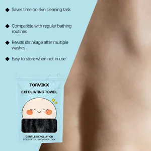 TORVIKX exfoliating towel packaging shown with close-up skin texture for gentle cleaning