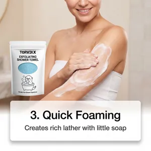 Close-up of exfoliating shower towel creating rich lather on skin for gentle cleansing