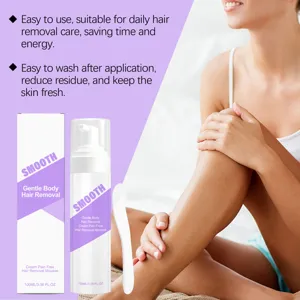 Detailed view of hair removal mousse bottle and applicator with smooth leg demonstration