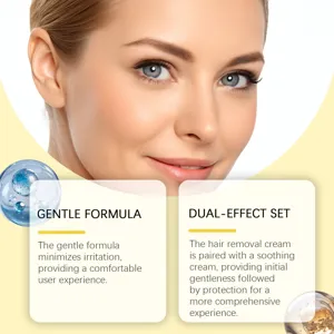 Macro view of HOYGI face hair removal cream set explaining its gentle dual-effect formula