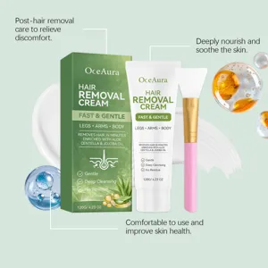 Close-up of hair removal cream tube, silicone brush, and box with aloe vera ingredient art
