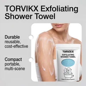 Close-up of TORVIKX exfoliating shower towel packaging with usage demonstration on skin