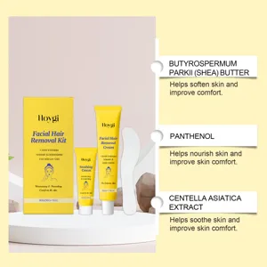 Hoygi facial hair removal kit featuring shea butter, panthenol, and centella extract.