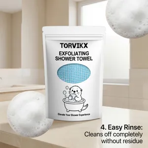 Close-up of TORVIKX exfoliating shower towel packaging with realistic soap foam bubbles