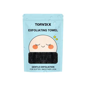 TORVIKX exfoliating nylon bath towel in light blue pouch for gentle skin cleaning and smoothing