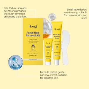 Detail view of Hoygi facial hair removal kit featuring cream and soothing lotion