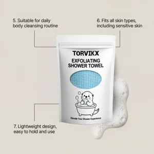Detailed view of the TORVIKX exfoliating shower towel in its minimalist white packaging.