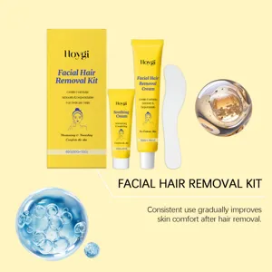 Macro view of Hoygi hair removal kit components showing cream tubes and serum drops