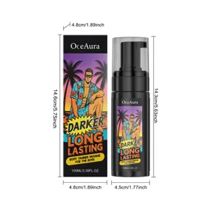 Λεπτομερείς διαστάσεις προϊόντος για το OCEAURA body tanner mousse και τη συσκευασία του
