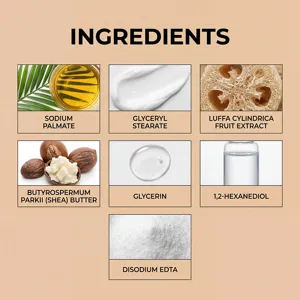 Infografía detallada de los ingredientes del jabón de lufa OCEAURA con manteca de karité
