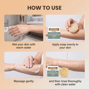 Guía visual que muestra los 4 pasos para usar el jabón exfoliante de luffa OceAura