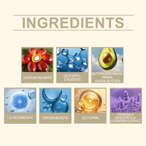 Lista de ingredientes naturales del jabón de lavanda con manteca de karité y glicerina