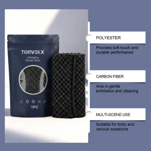 Detailed view of Torvikx exfoliating shower towel featuring polyester and carbon fiber