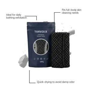 Macro view of Torvikx exfoliating shower towel with premium mesh texture and packaging