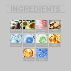 Main ingredients of rose essential oil soap including shea butter and niacinamide
