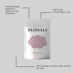 Exfoliating shower towel packaging detail highlighting soft texture and design info