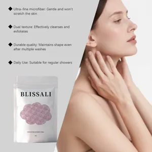 Detail showing exfoliation shower towel packaging and microfiber benefit text