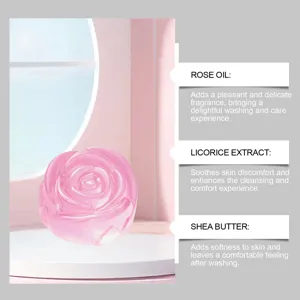 Detail view of pink rose soap ingredients: Rose Oil, Licorice and Shea Butter.