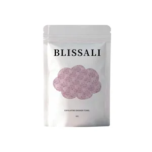 BLISSALI exfoliating shower towel in soft pink for gentle skin care and exfoliation