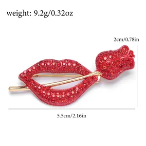 Close-up detail of elegant red lips and rose crystal brooch with size and weight specs