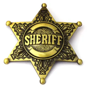 Close-up of a bronze six-pointed Sheriff badge with embossed lettering and texture.