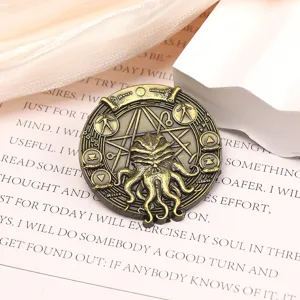 Macro detail of vintage bronze Cthulhu badge with intricate Necronomicon sigil engraving.