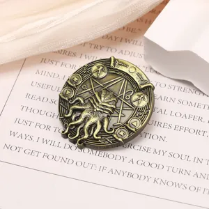 Vintage Cthulhu Necronomicon sigil brooch with detailed tentacle engraving