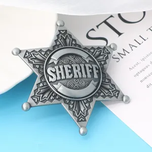 Antique silver six-pointed star sheriff badge pin for cosplay and party costumes