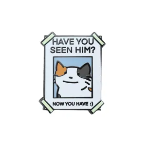 Grappige cartoon emaille speld met kattenposter en Have You Seen Him tekst badge sieraad
