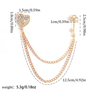 Detailed dimensions of gold heart lock and key double chain brooch