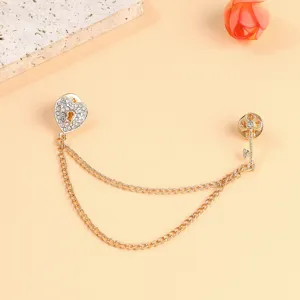 Elegant gold-tone heart and key chain brooch set with sparkling crystal rhinestones