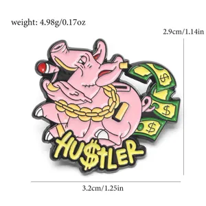 Vue détaillée du pin's cochon rose avec les dimensions et le poids indiqués.