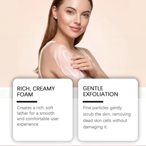 Detail showing rich creamy foam and gentle exfoliation of bubble body scrub on skin.