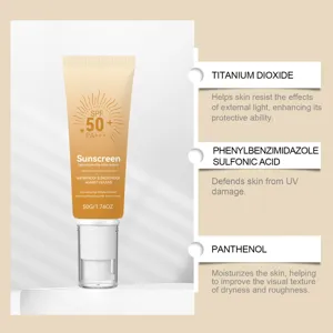 Dettagli ingredienti crema solare SPF50 con biossido di titanio e pantenolo per la pelle