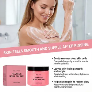 Exfoliating foaming body polish in pink packaging with model using it on skin