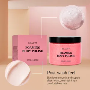 Close-up of creamy vanilla foaming body scrub texture with pink jar and packaging box