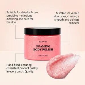 Detailed view of foaming body polish texture smear with product jar specifications