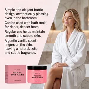 Foaming body polish scrub and packaging shown with model in spa-like bathroom