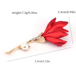 Detailed view of red rose flower brooch with pearl and rhinestone accents, showing dimensions.