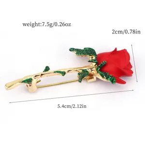 Detailed view of red rose brooch with size and weight dimensions