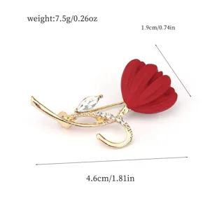 Macro detail of elegant red tulip flower brooch with rhinestones and size markings