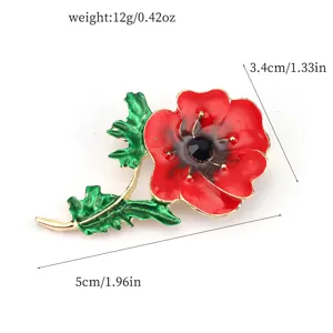 Red poppy flower brooch detail showing dimensions 5cm x 3.4cm and weight 12g