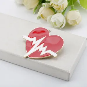 Dettaglio della spilla in smalto a cuore rosso con linea ECG battito cardiaco su confezione