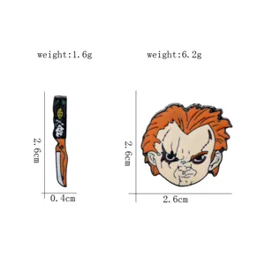 Detail view showing dimensions and weight of the Chucky horror movie enamel pin set
