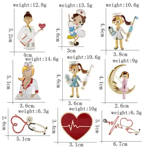 Detailed size and weight specifications for various nurse and stethoscope enamel pins.