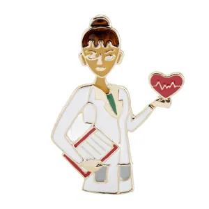 Detailed close-up of a cartoon female doctor enamel pin holding a red heart badge.