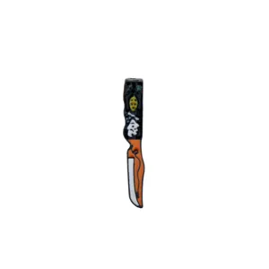 Detailed view of horror movie Chucky character enamel pin badge in cartoon dagger shape
