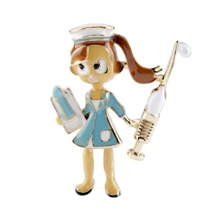 Detailed macro view of cartoon nurse enamel brooch with blue uniform and syringe