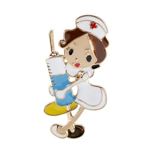 Detailed macro view of a cartoon nurse enamel pin holding a blue syringe on white