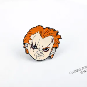 Macro view of a Chucky doll enamel pin from the Bride of Chucky movie series